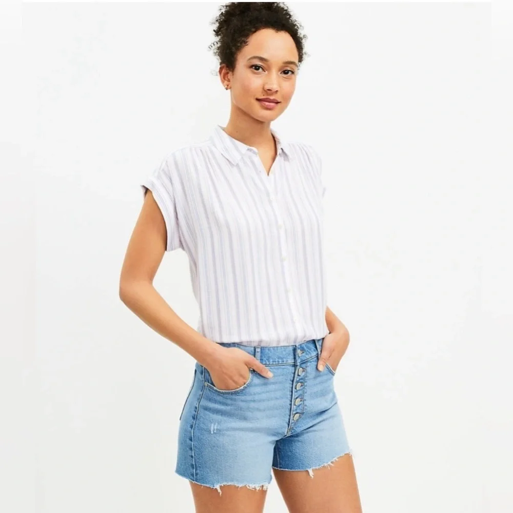 LOFT Button Front High Rise Destructed Cut Off Blue Denim Jean Shorts 32/14